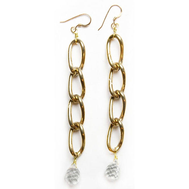 Brass Link Earrings with Clear Quartz