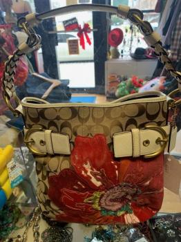 Coach Saddle Bag Tan with Red Flowers