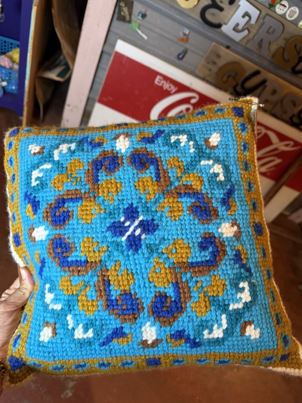 Blue cross stitch pillow 