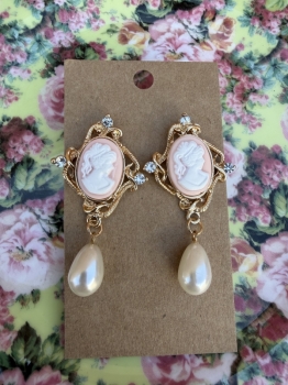 Dangle cameo earrings with pearl teardrops 