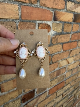 Dangle cameo earrings with pearl teardrops 