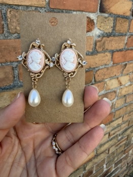 Dangle cameo earrings with pearl teardrops 