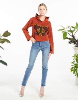 Kathmandu Imports - Butterfly Hoodie Top (KT-1525) : Rust, SM