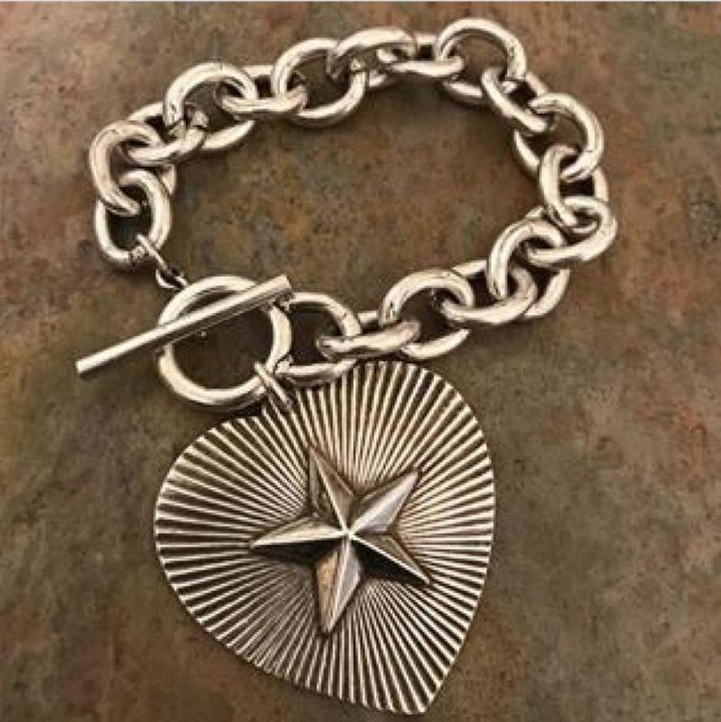 Antiqued Silver Plate Link Bracelet with Heart and Star Charm