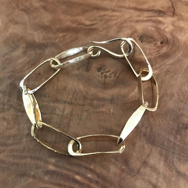 Hammered Brass Oval Link Bracelet with S Hook Closure