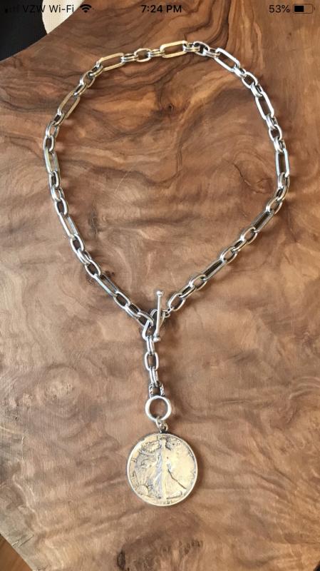 Antiqued Silver Plate Toggle Chain with Sterling Silver Liberty Half Dollar