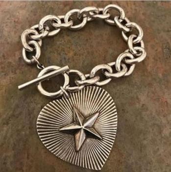 Antiqued Silver Plate Link Bracelet with Heart and Star Charm