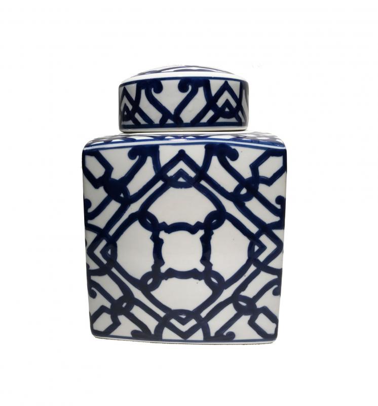 Blue and white geometric design ginger jar