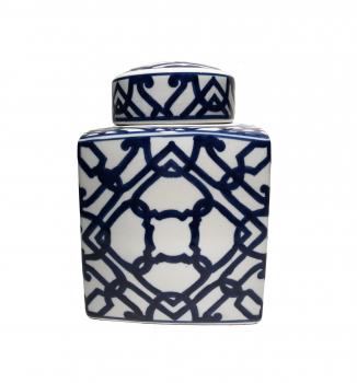 Blue and white geometric design ginger jar