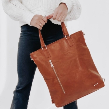 Pretty Simple - Upper East Side Vegan Leather Backpack & Crossbody Tote Bag: Brown