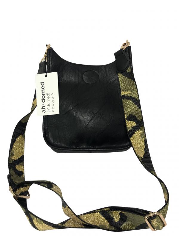 Black Mini Vegan Messenger with Camo Strap