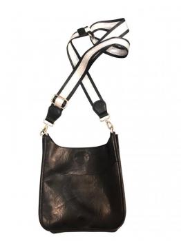 Mini Black Vegan Messenger with Striped Strap