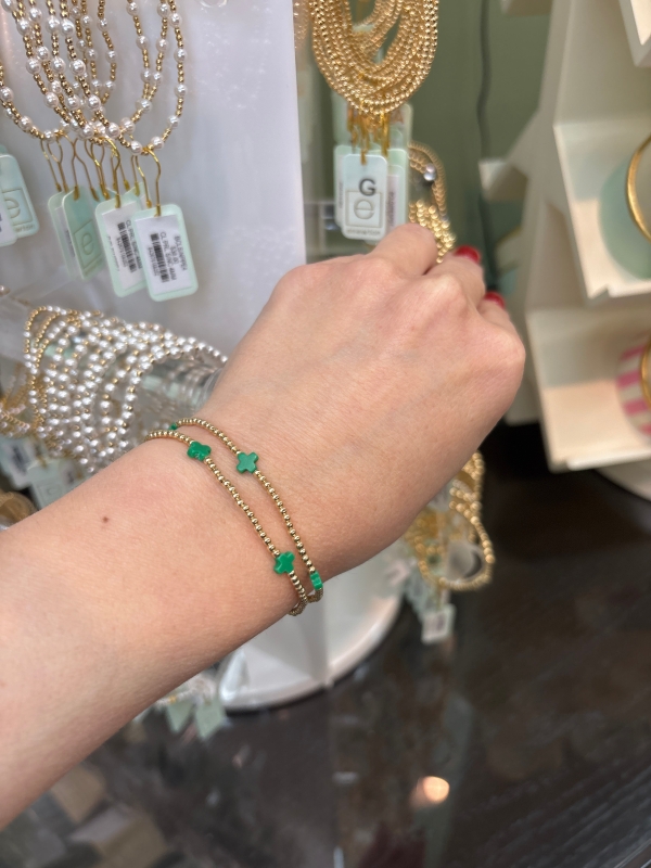 Signature Cross Small Gold Pattern 2mm Bead Bracelet- Emerald