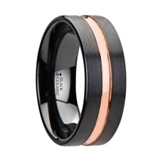 Venice Black Ceramic Wedding Band with Rose Gold Groove
