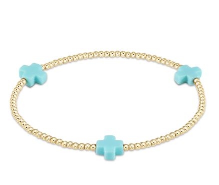 Signature Cross Gold Pattern 2mm Bead Bracelet - Turquoise