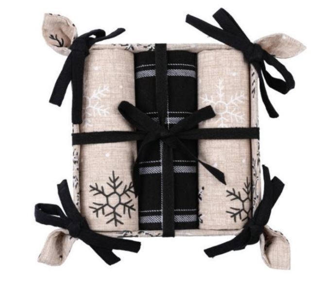 4 piece Neutral Snowflake Tea Towel & Basket Set