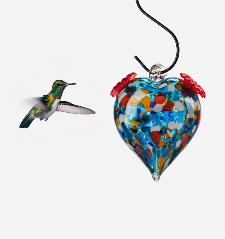 Glass Heart Hummingbird Feeder, Blue