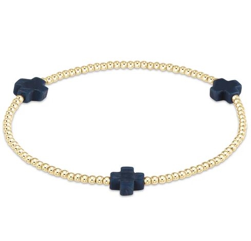 Signature Cross Gold Pattern 3mm Bead Bracelet - Navy