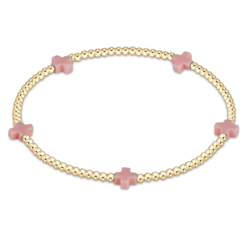 Signature Cross Small Gold 2mm Bead Bracelet- Pink