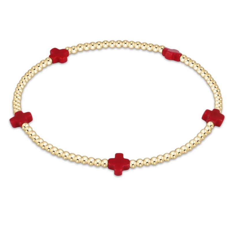 Signature Cross Small Gold 2mm Bead Bracelet- Red