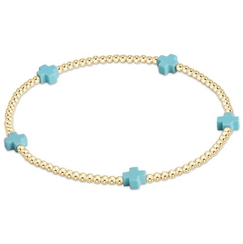 Signature Cross Small Gold 2mm Bead Bracelet- Turquoise