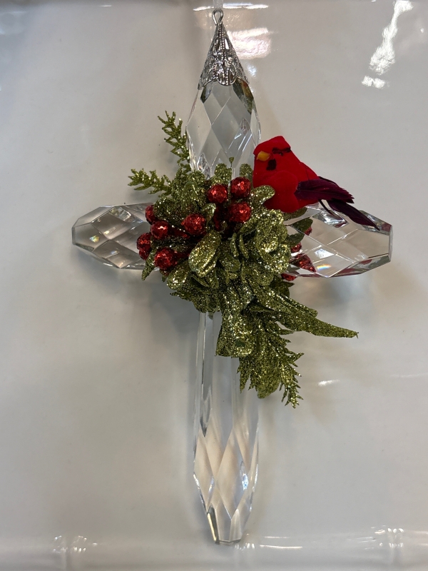 Mistletoe Cardinal Cross Ornament