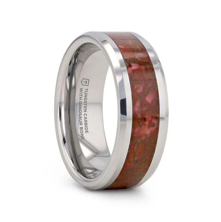 Jurassic Red Dinosaur Bone Inlaid Tungsten Carbide Beveled Edged Ring