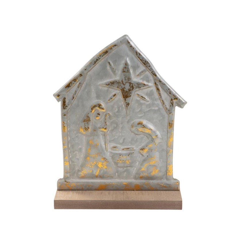 Holy Family in Creche Stamped Metal Table Decor
