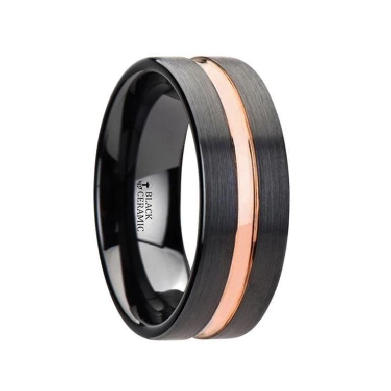 Venice Black Ceramic Wedding Band with Rose Gold Groove