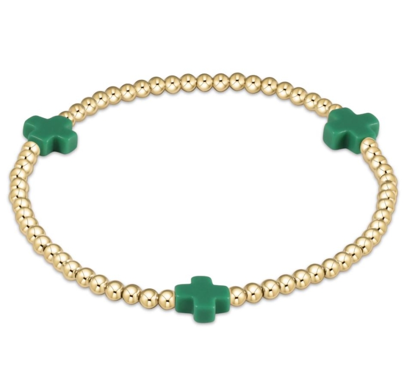 Signature Cross Gold Pattern 3mm Bead Bracelet- Emerald
