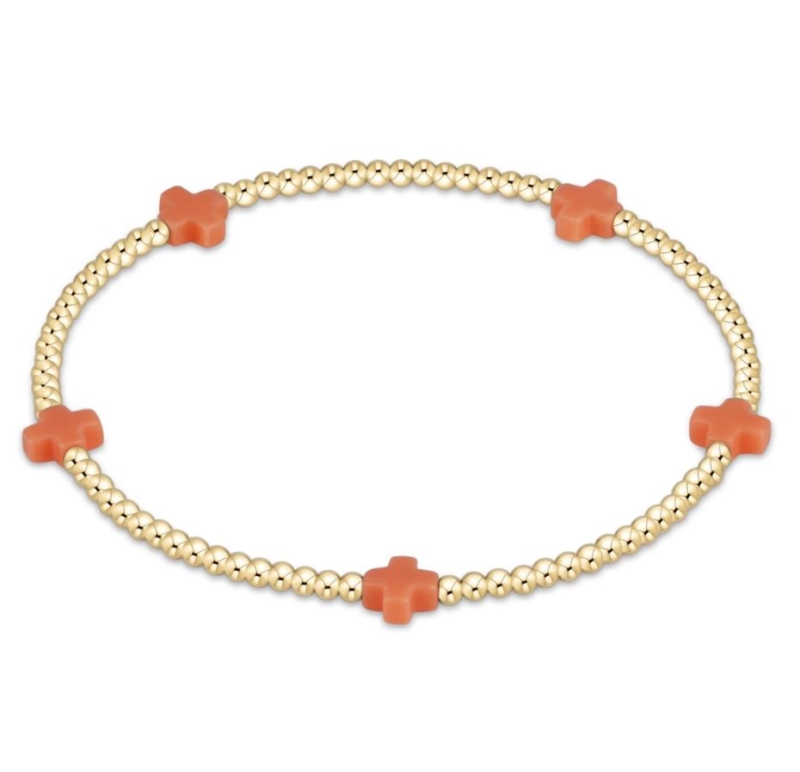 Signature Cross Small Gold Pattern 2mm Bead Bracelet- Coral