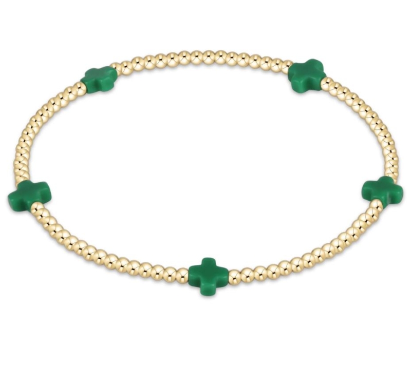 Signature Cross Small Gold Pattern 2mm Bead Bracelet- Emerald