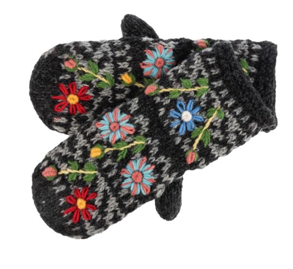 Knit Floral Mittens - Black