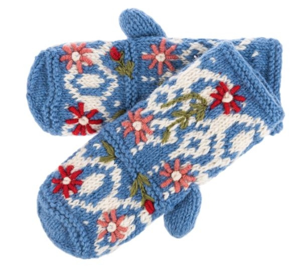 Knit Floral Mittens - Blue