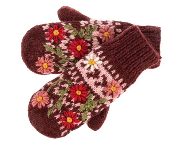 Knit Floral Mittens - Burgundy