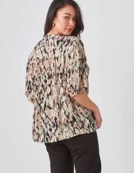 Button Front Print Shirt, Black & Beige