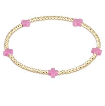 Signature Cross Small Gold 2mm Bead Bracelet- Bright Pink