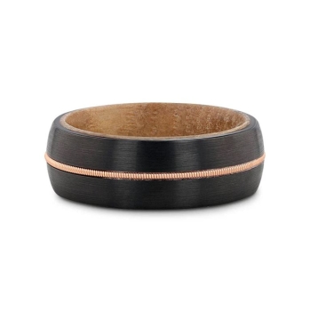 Chordal Black Tungsten with Brass Guitar String and Whiskey Barrel Inner Sleeve Wedding Ring