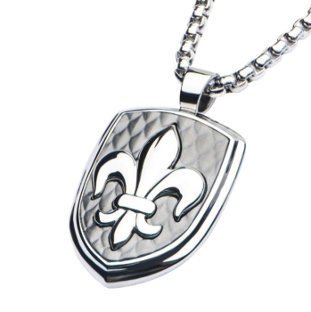 Stainless Steel & Carbon Fiber Fleur de Lis Dog Tag Pendant with Chain