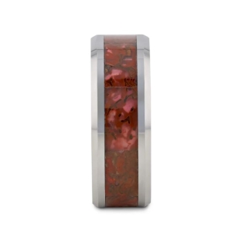 Jurassic Red Dinosaur Bone Inlaid Tungsten Carbide Beveled Edged Ring