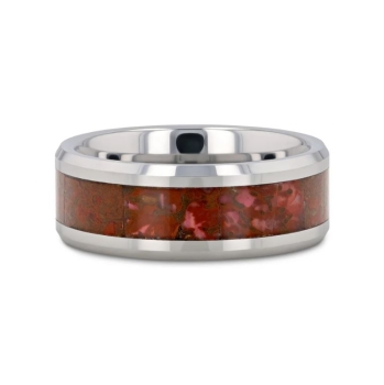 Jurassic Red Dinosaur Bone Inlaid Tungsten Carbide Beveled Edged Ring