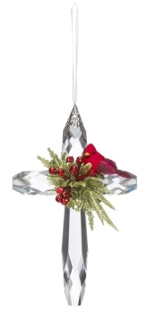 Mistletoe Cardinal Cross Ornament