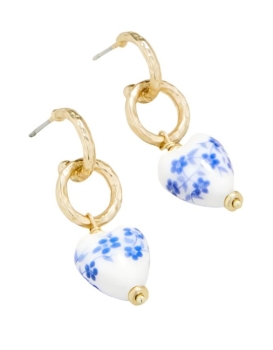 Ceramic Heart Blue Flowers Earrings