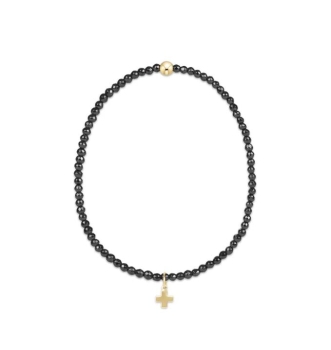 Faceted Hematite 2mm Signature Cross Gold Charm Bead Bracelet