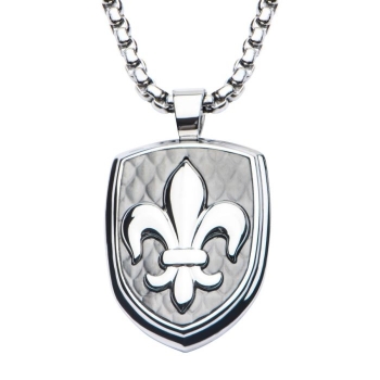 Stainless Steel & Carbon Fiber Fleur de Lis Dog Tag Pendant with Chain