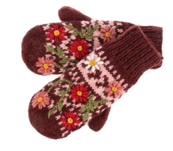 Knit Floral Mittens - Burgundy