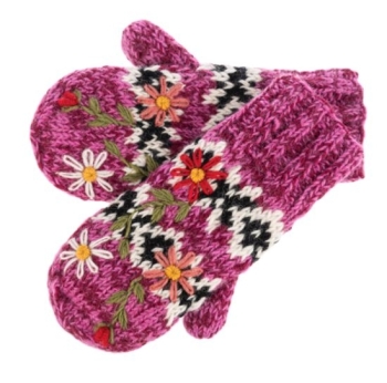 Knit Floral Mittens - Pink