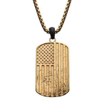 Polished Gold IP Rugged American Flag Pendant on Gold IP Box Chain