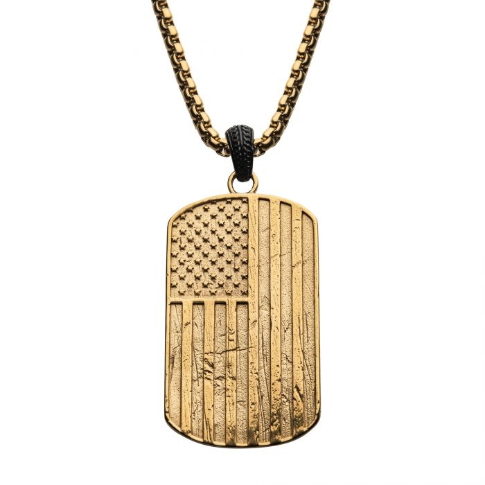 Polished Gold IP Rugged American Flag Pendant on Gold IP Box Chain