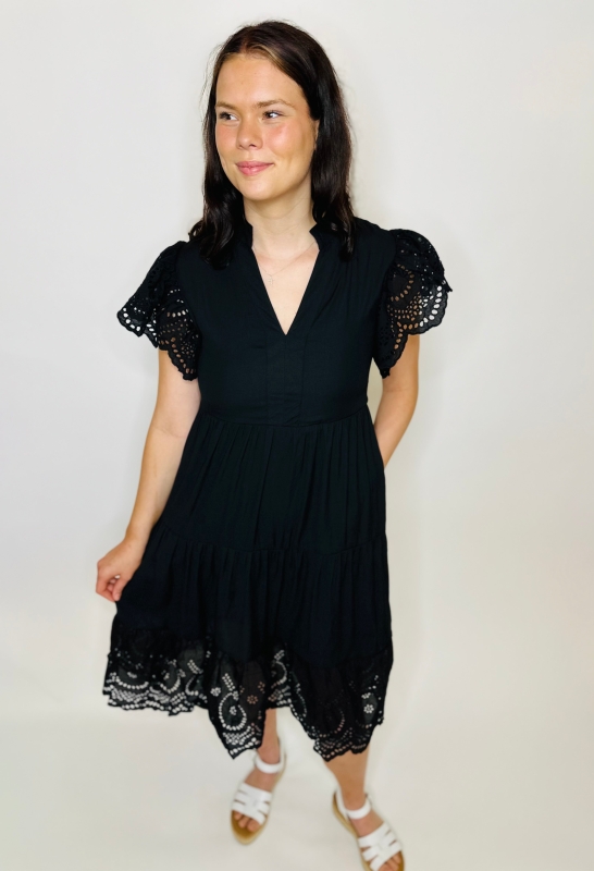 Solid Lace Tiered Dress - Black